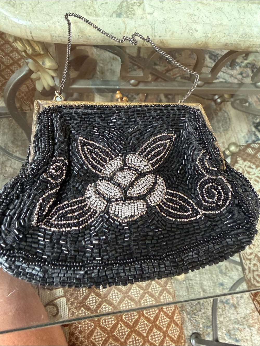 Vintage Beaded Black Evening Handbag with Silver Accents